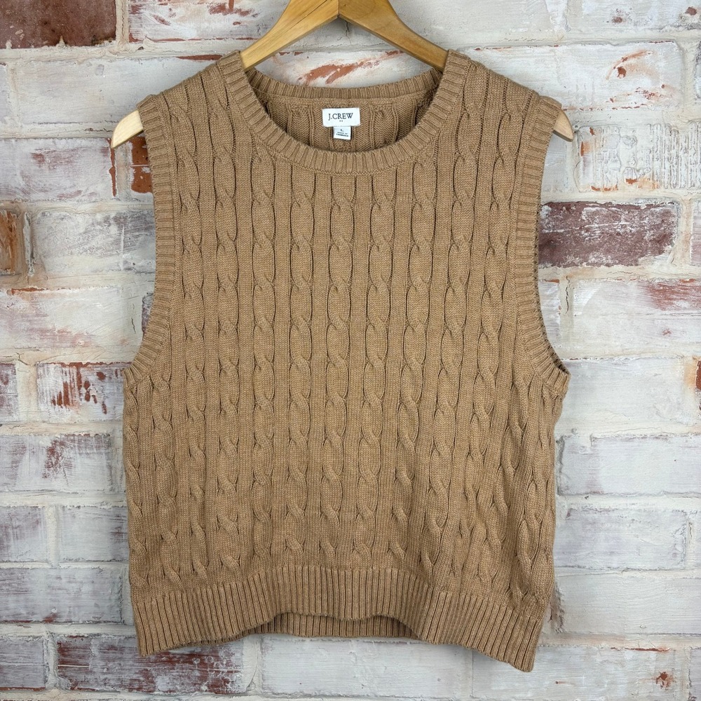 J.Crew Camel Cotton Cable Knit Sweater Vest Size L Preppy Old Money Coastal Core